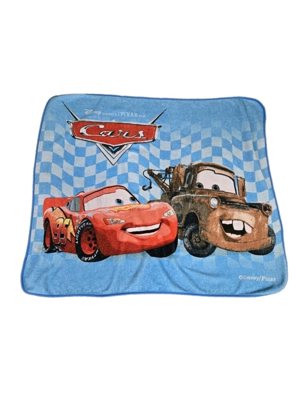Vintage Disney Pixar Cars Lightning McQueen Mater Blue Checkered Throw Blanket